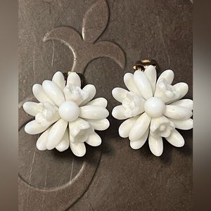 Vtg Milk Glass Beaded Flower Clip On Earrings